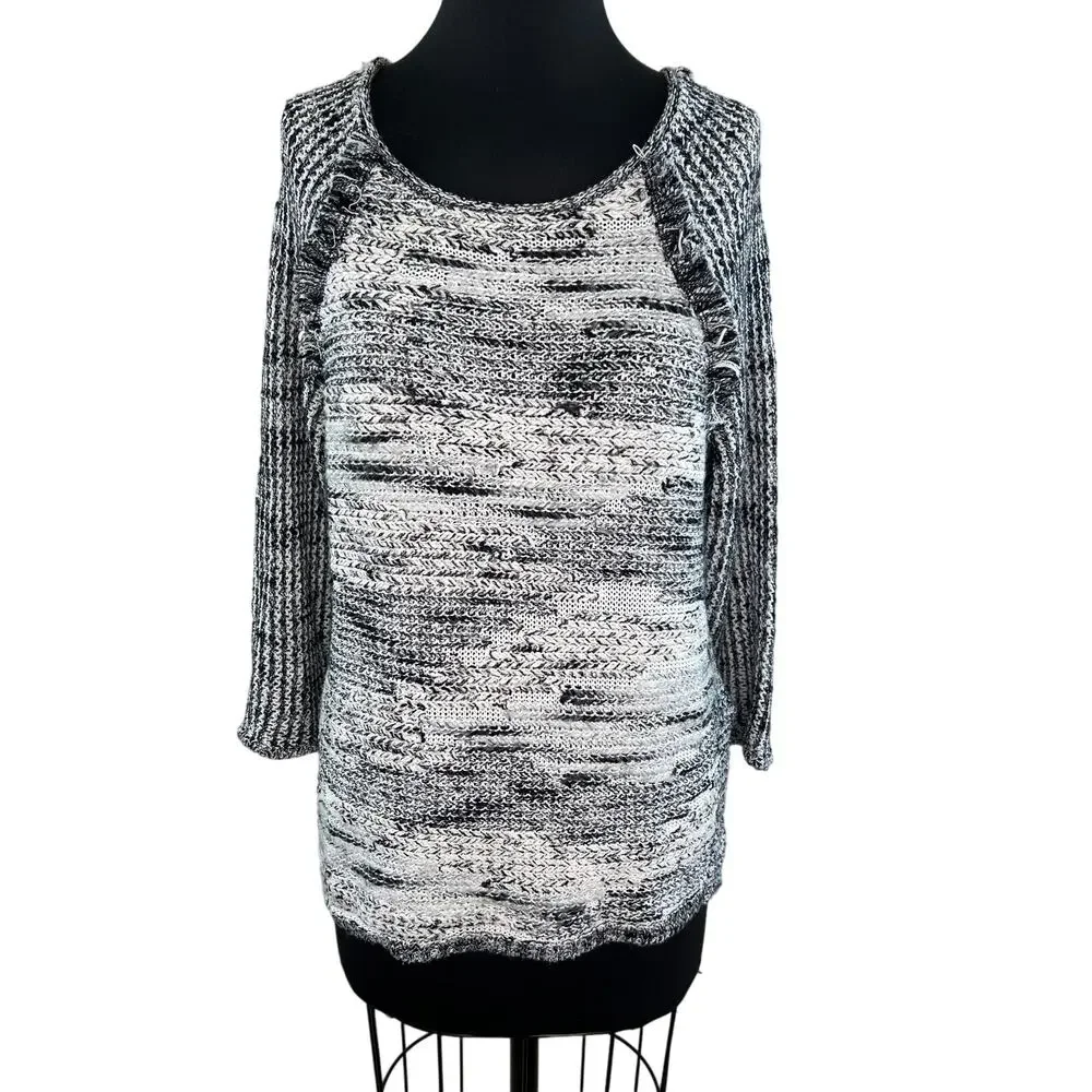 Anthropologie MOTH Black White Slub Knit 3/4 Sleeve Pullover Sweater M Medium